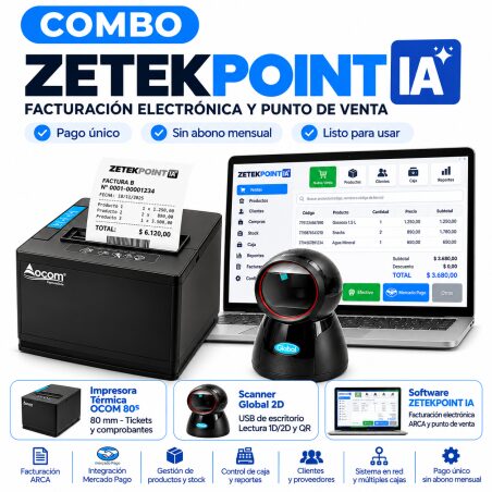 Combo ZETEKPOINT IA Software Factura Electrónica sin Abono Impresora 80mm + Escáner 2D