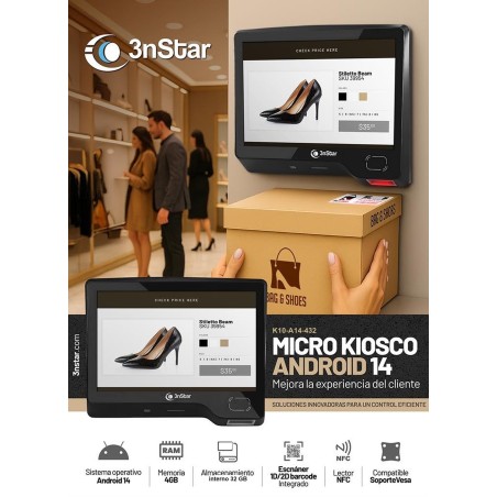 Micro kiosco 3nStar K10-A14-432 Android 14: 4 GB de RAM, 32 GB de almacenamiento interno, escáner 1D/2D, NFC y soporte VESA.