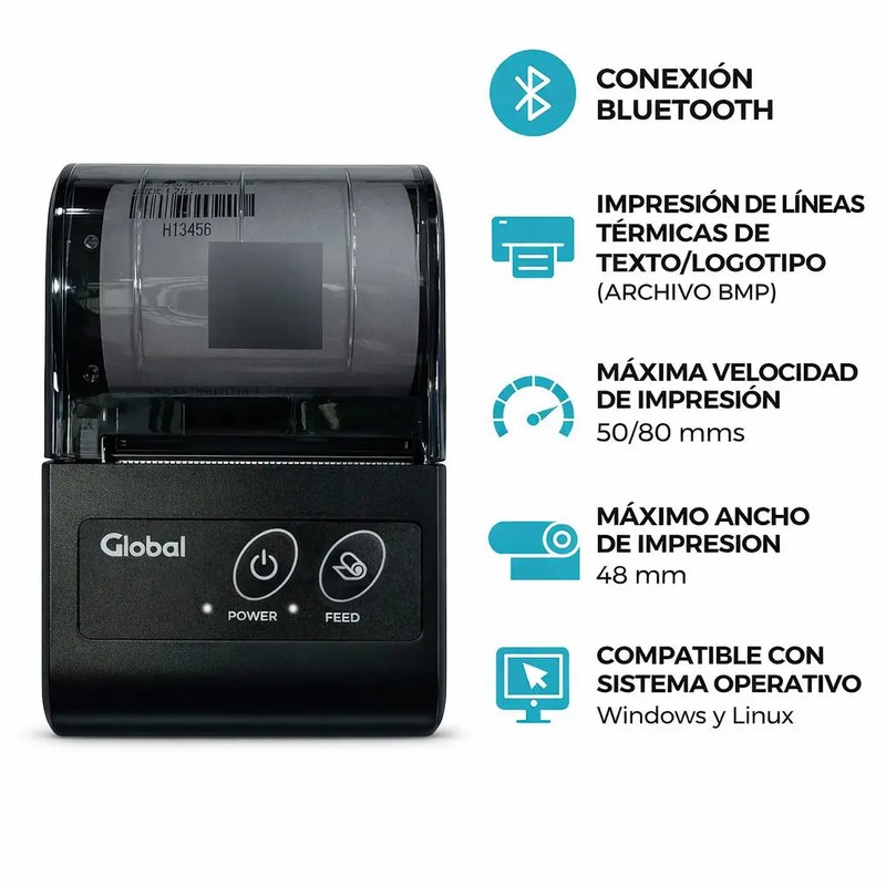 Impresora térmica Global 58 mm: conexión Bluetooth y USB