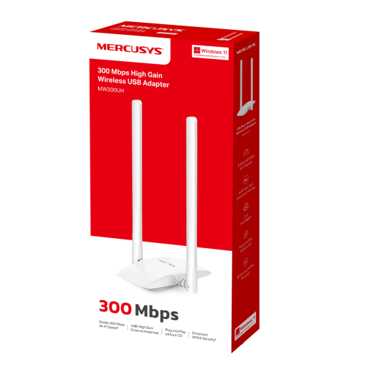 Antena WiFi USB Mercusys MW300UH 300Mbps para PC y punto de venta