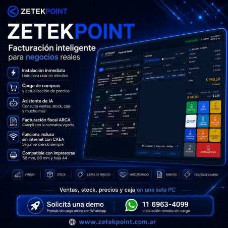Software ZETEKPOINT IA de facturación electrónica ARCA y punto de venta para Windows, de pago único sin abono mensual