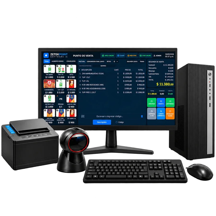Combo ZETEKPOINT IA3: PC OASIS Intel Core i3 4130 · motherboard OASIS OA-H81G573 (H81) · 8 GB RAM · SSD 240 GB, Monitor Performance 18,5" PF185R, Impresora de tickets OCOM 80S USB/Ethernet, Escáner Global 2D