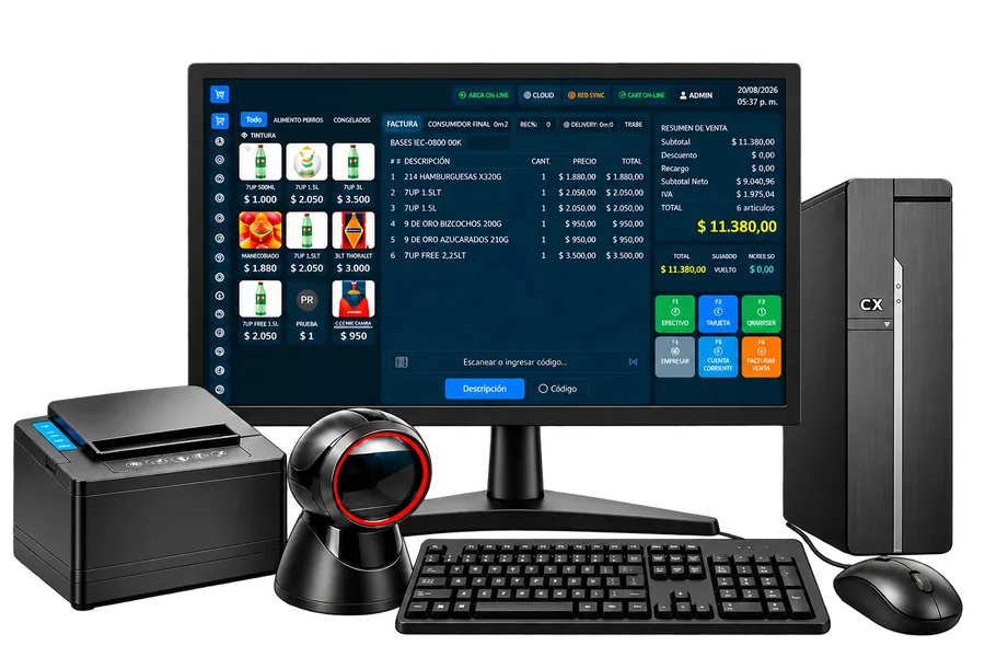 Combo ZETEKPOINT IA MAX: PC AMD Ryzen 3 3200G · motherboard MSI A520M-A PRO · 8 GB DDR4 · SSD 240 GB · gabinete Slim CX, Monitor Performance 18,5" PF185R, Impresora de tickets OCOM 80S USB/Ethernet, Escáner Global 2D omnidireccional