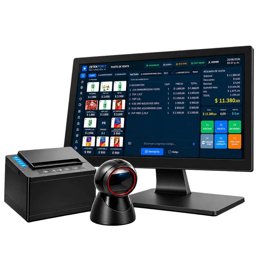 Combo ZETEKPOINT Touch: Terminal POS Touch All in One OCOM · pantalla táctil capacitiva de 15" · Intel J6412 · DDR4 · SSD, Puertos USB y red LAN para periféricos, Impresora térmica OCOM 80S de 80 mm, USB/Ethernet, Escáner Global 2D omnidireccional