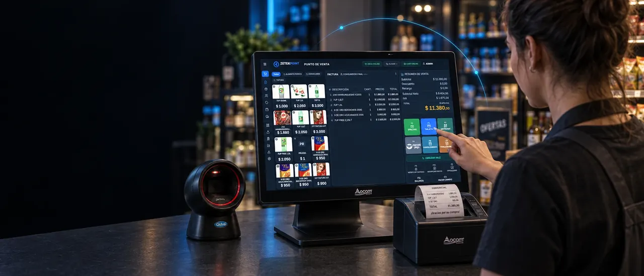 Comerciante cobrando con ZETEKPOINT en un punto de venta táctil