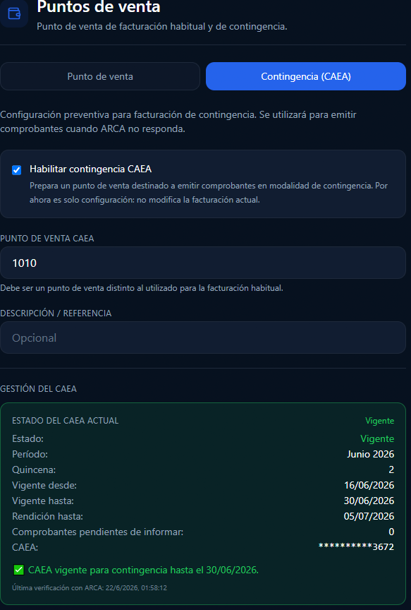 Pantalla de contingencia CAEA en ZETEKPOINT IA
