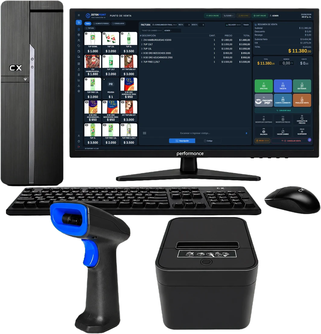Combo ZETEKPOINT: PC, monitor con ZETEKPOINT, teclado, mouse, lector e impresora de tickets