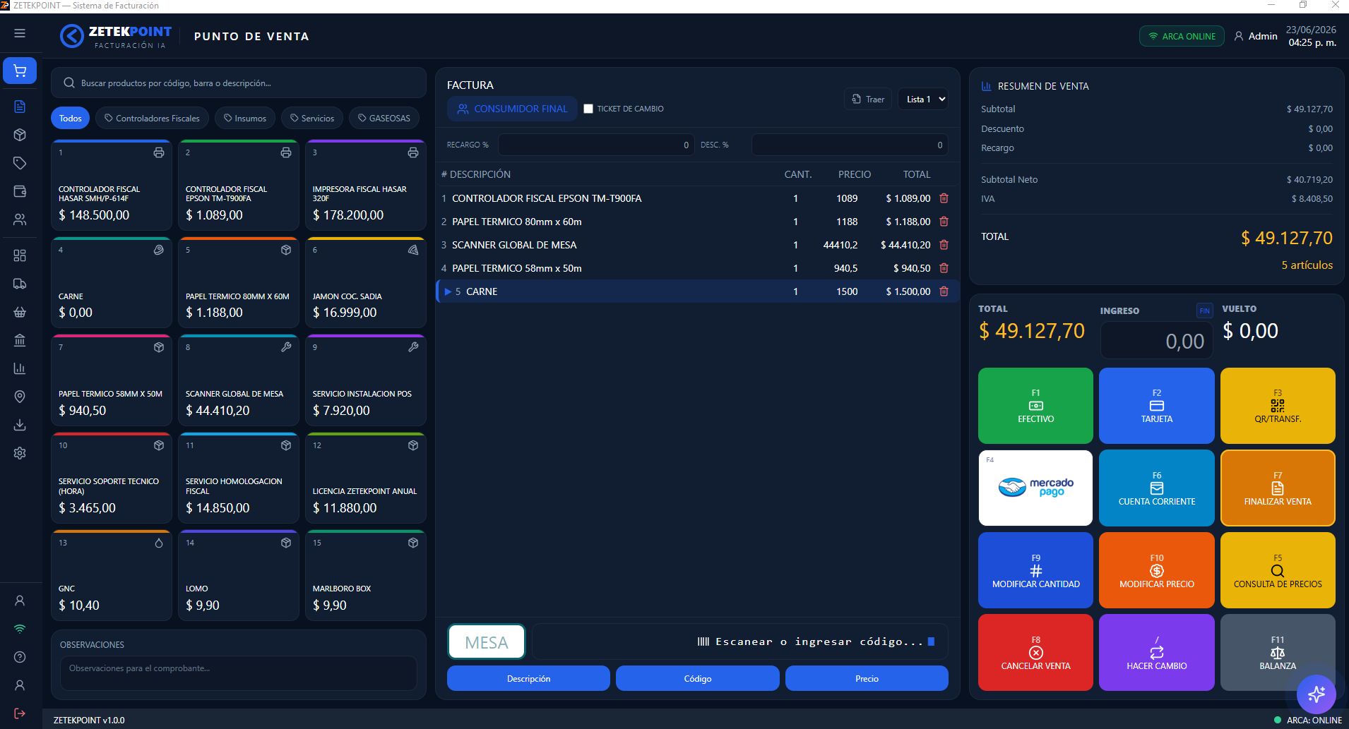 Punto de venta de ZETEKPOINT emitiendo una factura