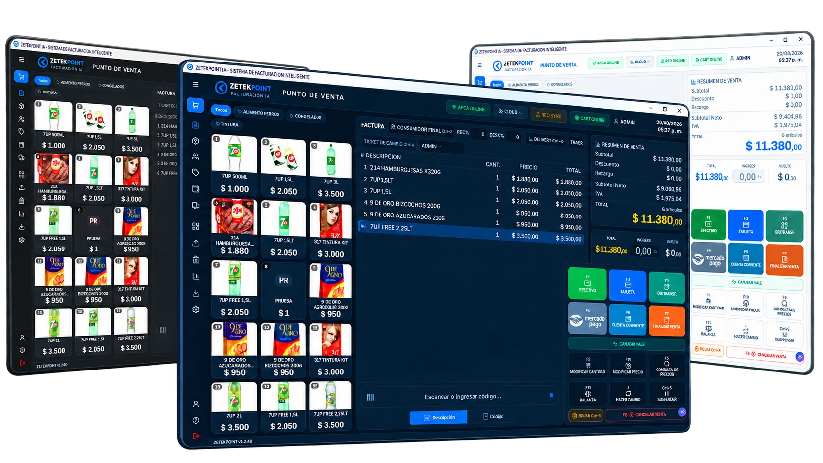 ZETEKPOINT IA en sus tres modos: oscuro, azul y claro, con productos, factura y medios de pago