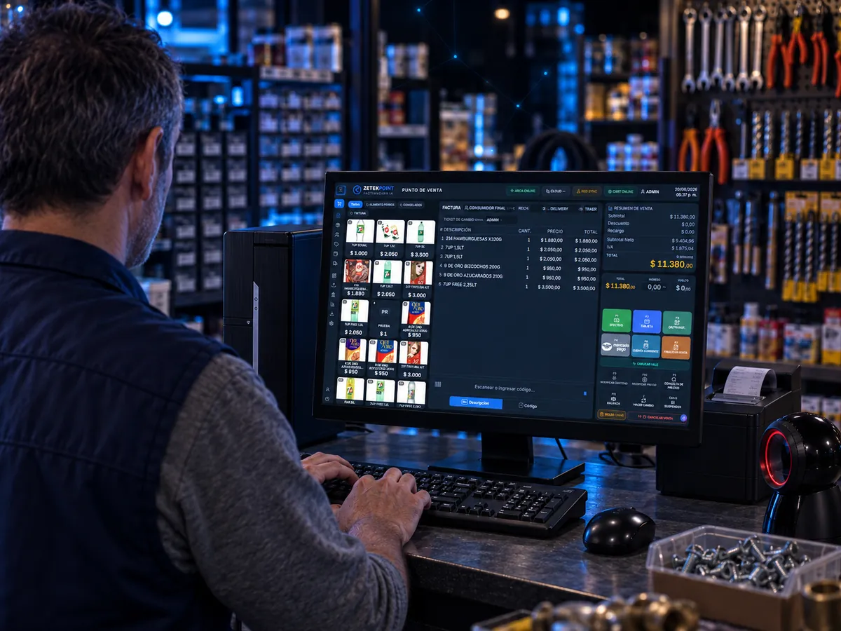 Software de facturación electrónica para ferreterías ZETEKPOINT IA funcionando en el mostrador