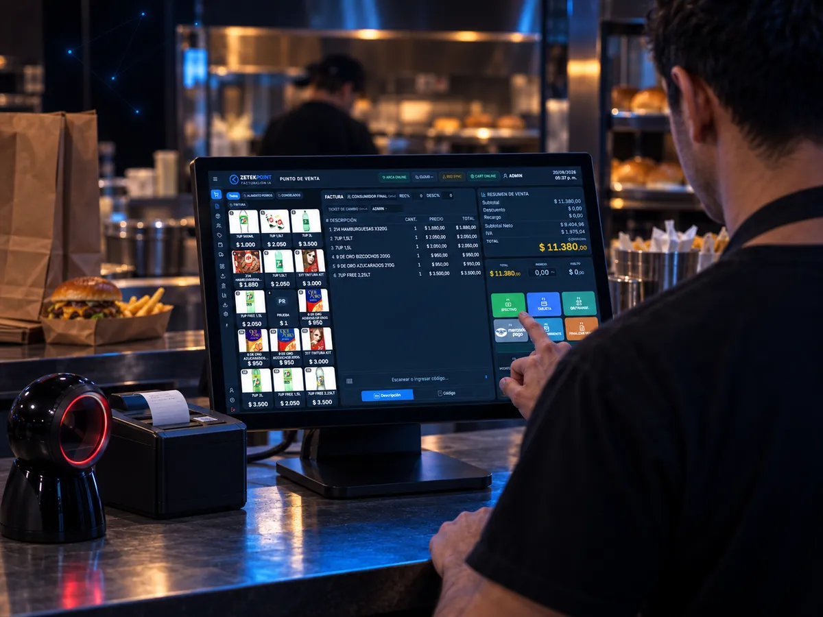 Software de facturación electrónica para hamburgueserías ZETEKPOINT IA funcionando en el mostrador