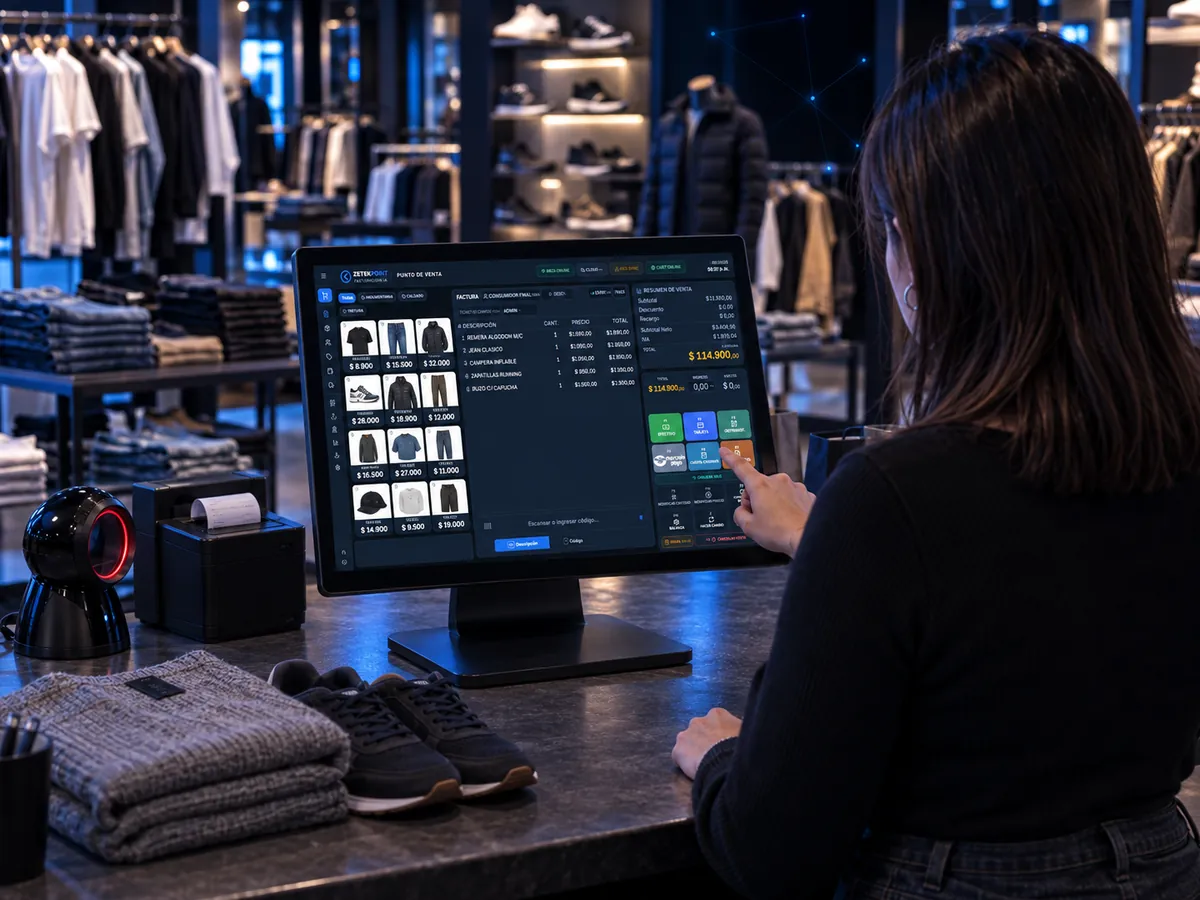 Software de facturación electrónica para indumentaria y calzado ZETEKPOINT IA funcionando en el mostrador