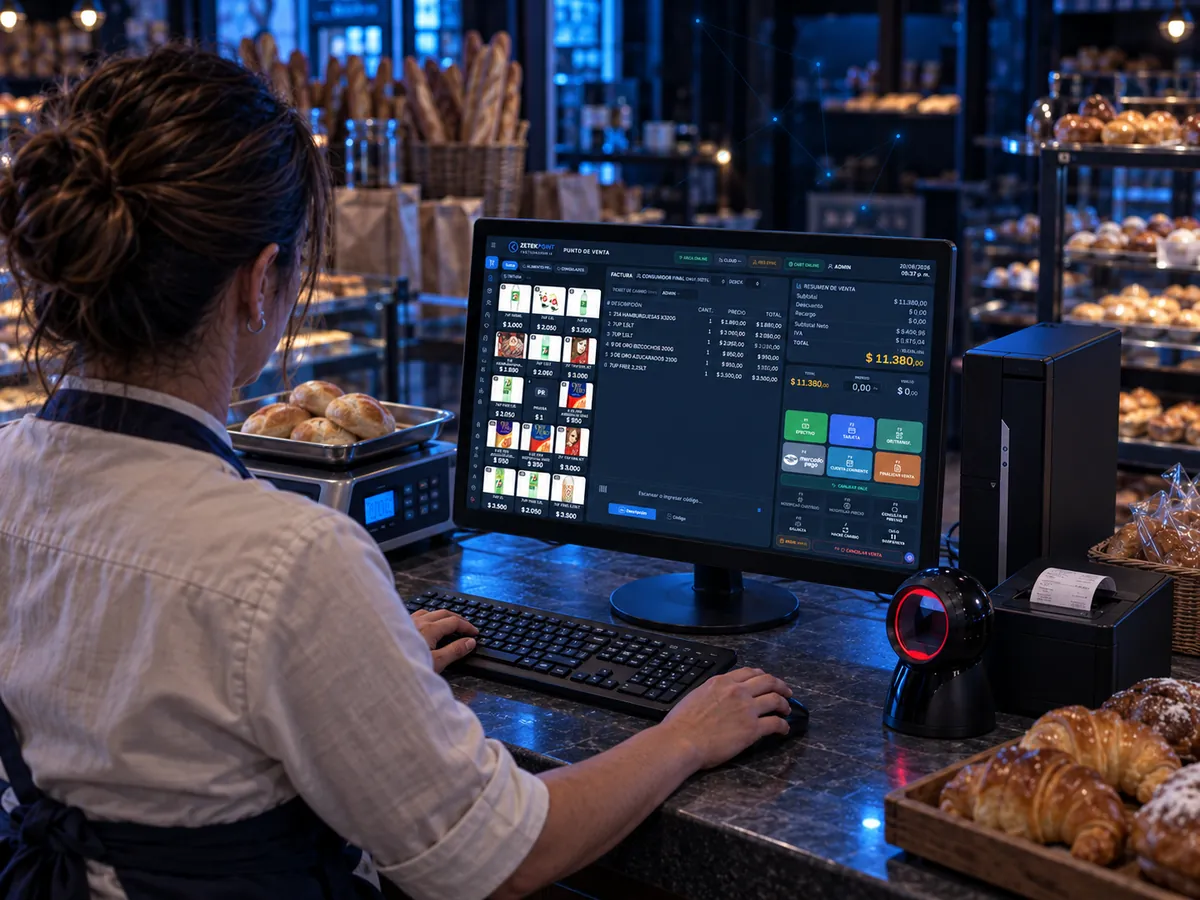 Software de facturación electrónica para panaderías ZETEKPOINT IA funcionando en el mostrador