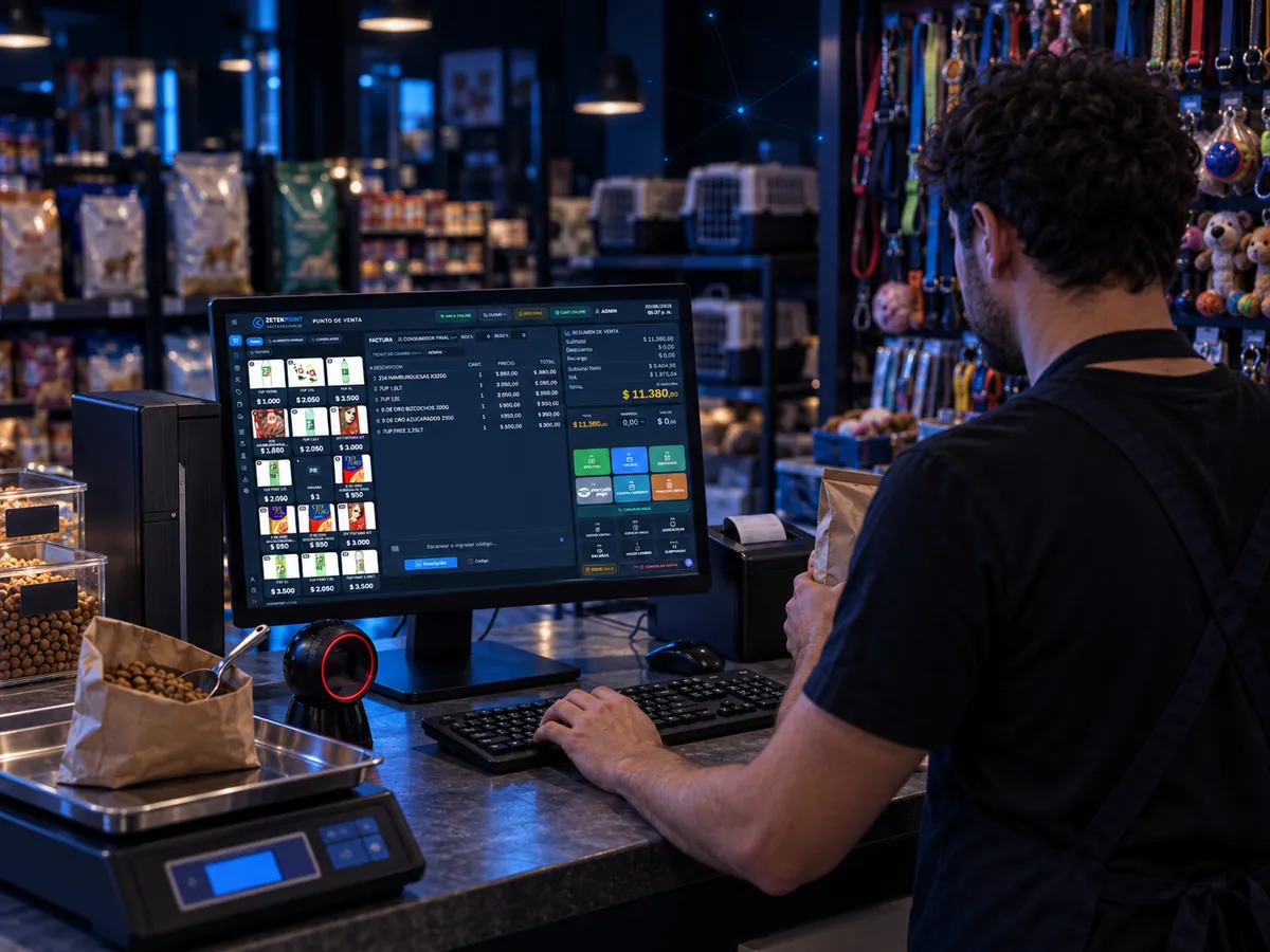 Software de facturación electrónica para pet shops ZETEKPOINT IA funcionando en el mostrador