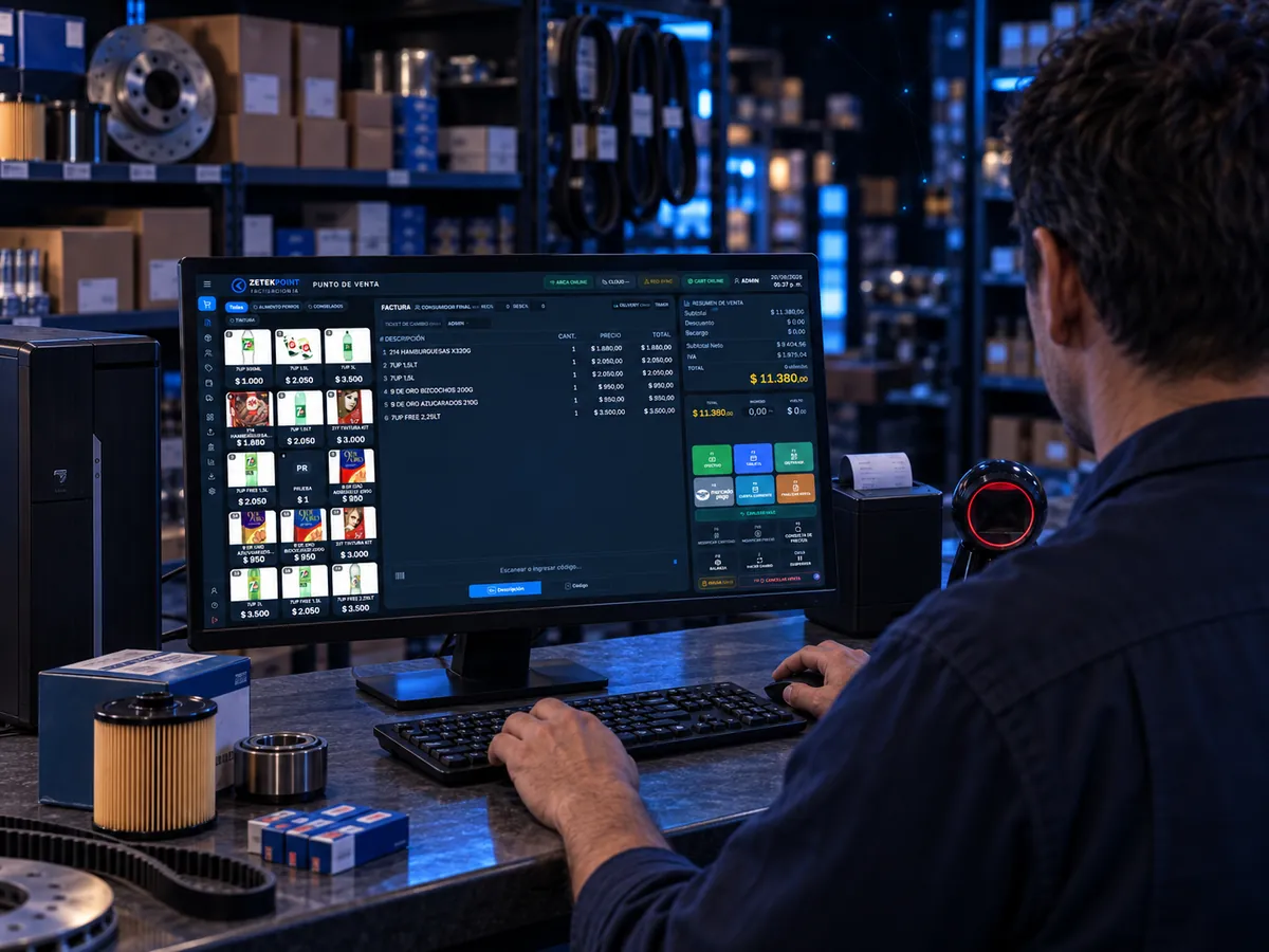 Software de facturación electrónica para repuestos y autopartes ZETEKPOINT IA funcionando en el mostrador