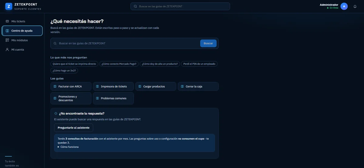 Centro de ayuda de ZETEKPOINT con buscador, preguntas frecuentes, guías y asistente